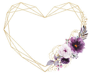 Wall Mural - Golden heart Frame with Watercolor Purple and golden peonies flowers bouquet, isolated illustration