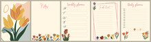 Notebook Pages And Cover Template With Colorful Tulip Flowers. Planner, Diary, Notepad, Organizer With Cute Floral Design. Vector Cards, Notes, Stickers, Labels, Tags Paper Sheet Illustrations.
