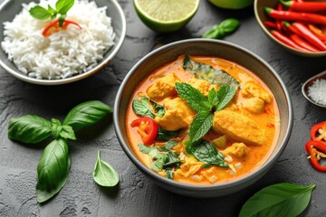 Wall Mural - Chicken curry with basil and chili in ceramic bowl.