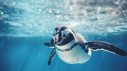 Penguin swimming in water tank. Aquarium and underwater animal.