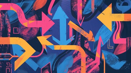 An artistic digital rendering featuring a collection of arrows pointing in various directions, symbolizing the complexity and multitude of choices involved in the decision-making process.