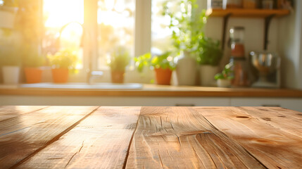 Wooden board empty table in front of blurred background. Perspective brown wood over blur in kitchen and window shelves blurred background - can be used for display or montage your products. Mock up f