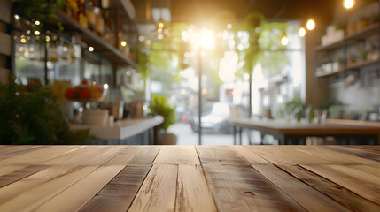 Wooden board empty table in front of blurred background. Perspective brown wood over blur in kitchen and window shelves blurred background - can be used for display or montage your products. Mock up f