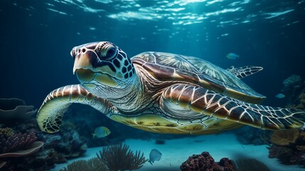 Wall Mural - Underwater world. Images for 3D floors.Ramp. Shark. Turtle