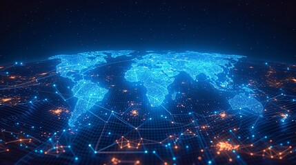 Wall Mural - The interconnectedness of a worldwide network shown through a world map with dots and lines, representing the idea of international commerce.