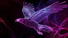 Mesmerizing Neon Wireframe Of A Soaring Eagle With Swirling Purple And Blue Hues Isotated On Black Background. Created With Generative AI.