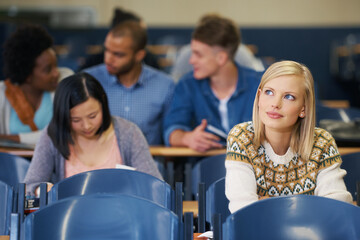 Poster - Student, learning and thinking in lecture, classroom and development in education. College, campus and people studying for test in school and girl remember course research, knowledge or exam info