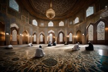  A Peaceful Scene Of Worshipers Performing  Taraweeh Prayers In A Mosque Adorned 