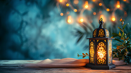 Ramadan and Eid al Fitr concept background dates with Turkish traditional lantern Light Lamp and Tasbeeh, light blue color Iftar theme image, Space for text