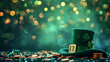 St Patrick's Day Concept. Styled with a green leprechaun hat and gold coins party lights background