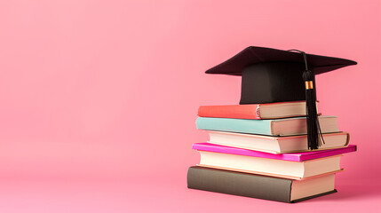 Stack of books and black graduation cap on pink background. Concept of education