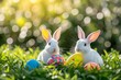 Happy Easter Eggs Basket Basil Green. Bunny in flower easter Sunny decoration Garden. Cute hare 3d jolly easter rabbit spring illustration. Holy week rose petal card wallpaper spoof