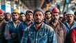 A team of rugged workers, sporting hard hats and jackets, proudly stand on the bustling city street with determination in their human faces, ready to tackle the towering building before them