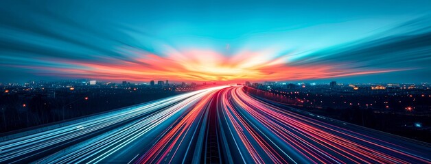 As the sun sets, the city lights illuminate the sky above the busy highway, creating a captivating outdoor landscape of bustling traffic and glowing streetlights