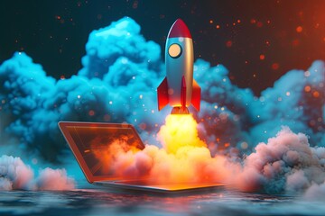Wall Mural - 3D graphic for laptop marketing with rocket in it, in the style of explosive abstract, innovation design, stock market investing or startup success concept. Side. view.