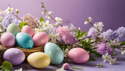  Happy Easter composition, colorful eggs among spring flowers on pastel purple background.
