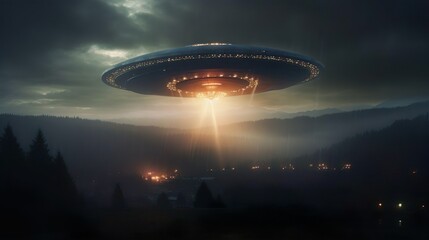 Wall Mural - ufo spaceship lands on an unknown wild planet to conduct experiments and enslave the planet. the ali