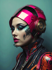 Wall Mural - Portrait of beautiful cyber punk young tattooed woman, futuristic fashion concept, 