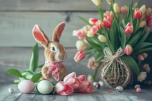 Happy Easter Eggs Basket bunny burrow. Bunny in flower easter crocuses decoration Garden. Cute hare 3d peace easter rabbit spring illustration. Holy week hope card wallpaper Kiwi Green