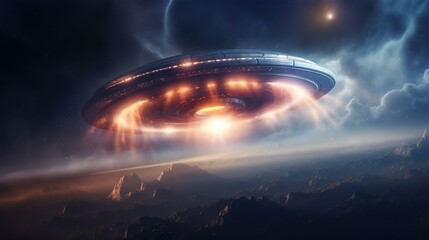Wall Mural - ufo spaceship lands on an unknown wild planet to conduct experiments and enslave the planet. the ali