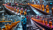 Illustration of medical vials on the production line of a pharmaceutical factory, the vials are filled with liquid medicine, workers watch the process in the background. Conveyor belt, sterile environ