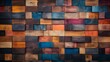 © touseef - Abstract aged wood art: colorful texture block stack on wall - architectural background