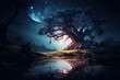 Mysterious Night forest jungle moon. Nature black. Generate Ai