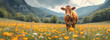 Cow walks in pasture dotted with flowers among mountains. Vast field of flowers complemented by livestock makes lovely rural picture in valley