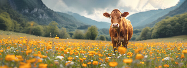 Cow walks in pasture dotted with flowers among mountains. Vast field of flowers complemented by livestock makes lovely rural picture in valley