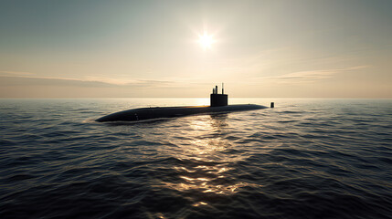 A submarine floating on top of a large body of water