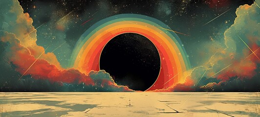 Wall Mural - a black hole rainbow in space, abstract printable art. contemporary wall art, black and white waterc