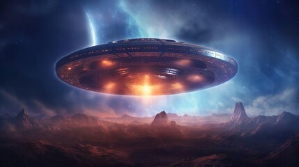 Wall Mural - ufo spaceship lands on an unknown wild planet to conduct experiments and enslave the planet. the ali