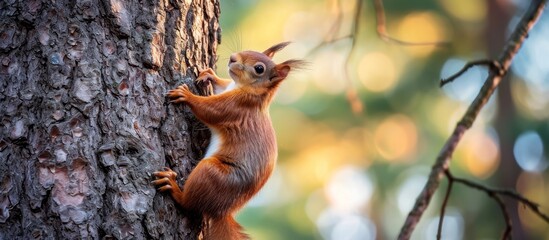 Canvas Print - A terrestrial animal, the squirrel, is using its tail to climb up a tree trunk in a wooded area.