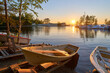 Boats at sunset and lake