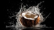 AI Generated Illustration Of A Ripe Coconut Splashing In Water On A Black Background