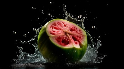 Wall Mural - AI generated illustration of ripe fresh guava splashing in the water against the dark background