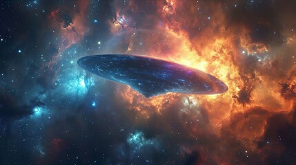 Wall Mural - ufo spaceship in the beautiful outer space with nebula. aliens conducts scientific expedition missio