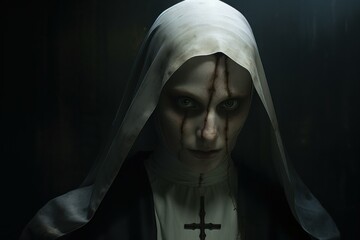 Wall Mural - Nun creepy portrait. Demon ghost sister. Generate Ai