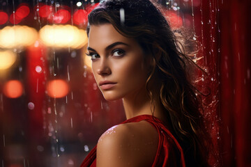 Wall Mural - Elegant woman in red evening dress on rainy night. Glamour and beauty.