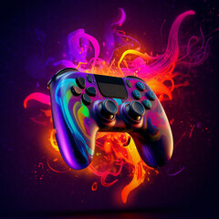 a close up of a video game controller with colorful swirls. generative ai.