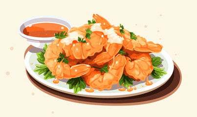 Wall Mural - shrimp in a plate flat seal vector illustration