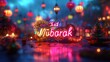 Eid Mubarak neon sign with lanterns, half-moon 