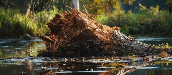 Wall Mural - A massive log peacefully drifts on the water's surface, blending harmoniously with the natural landscape and surrounding plant life.