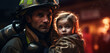 a fireman  evacuates a little girl from a burning building