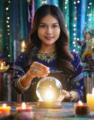 Wall Mural - Gypsy young woman fortune teller working with glowing crystal ball, predicting future