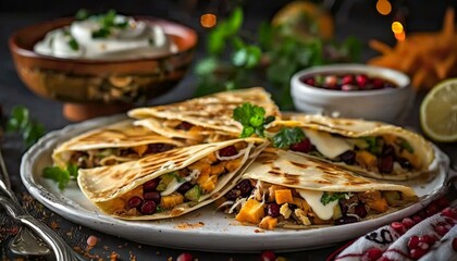 Quesadillas presented in a Tasteful Way with Melted Cheese on a Platter - Spanish or Mexican Cuisine