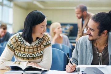 Poster - Discussion, college and students in classroom for studying with text book for test or exam. Conversation, writing and young people working on university assignment together in lecture hall at academy