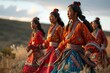 A group of Mongolian women in traditional dresses embodying the spirit of cultural celebration, with the golden hour sunlight enhancing the richness of their colorful attire.