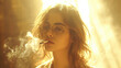 © Evgeniia - A young woman with glasses smokes a cigarette against the backdrop of a bright window light in a room filled with cigarette smoke.