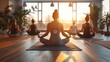 A group of individuals participates in a peaceful yoga session, gracefully posed in the lotus position during a calming sunset in a plant-filled studio.
